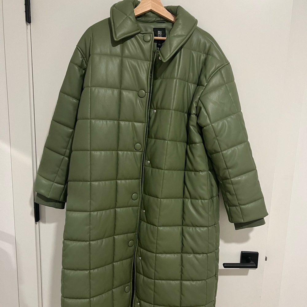 River Island long puffer leather coat sz Medium fit/ but size 4-6 converted UK